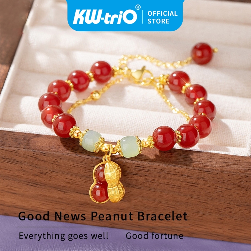 Gelang giok keberuntungan kristal gaya vintage, gelang kacang merah dan hijau, gelang keberuntungan