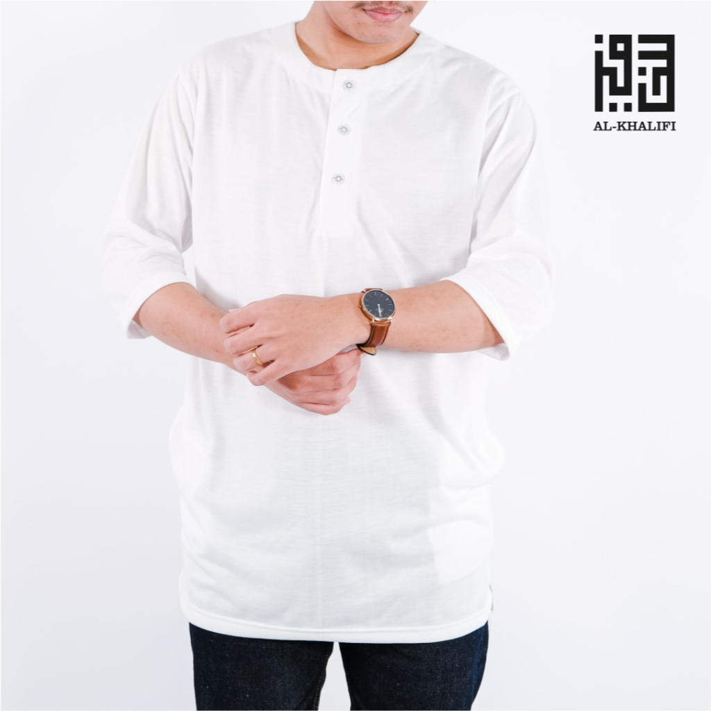 AL-KHALIFI - Kurta Pakistan Bahan Kaos Lengan 3/4 Baju Koko - Putih Tulang