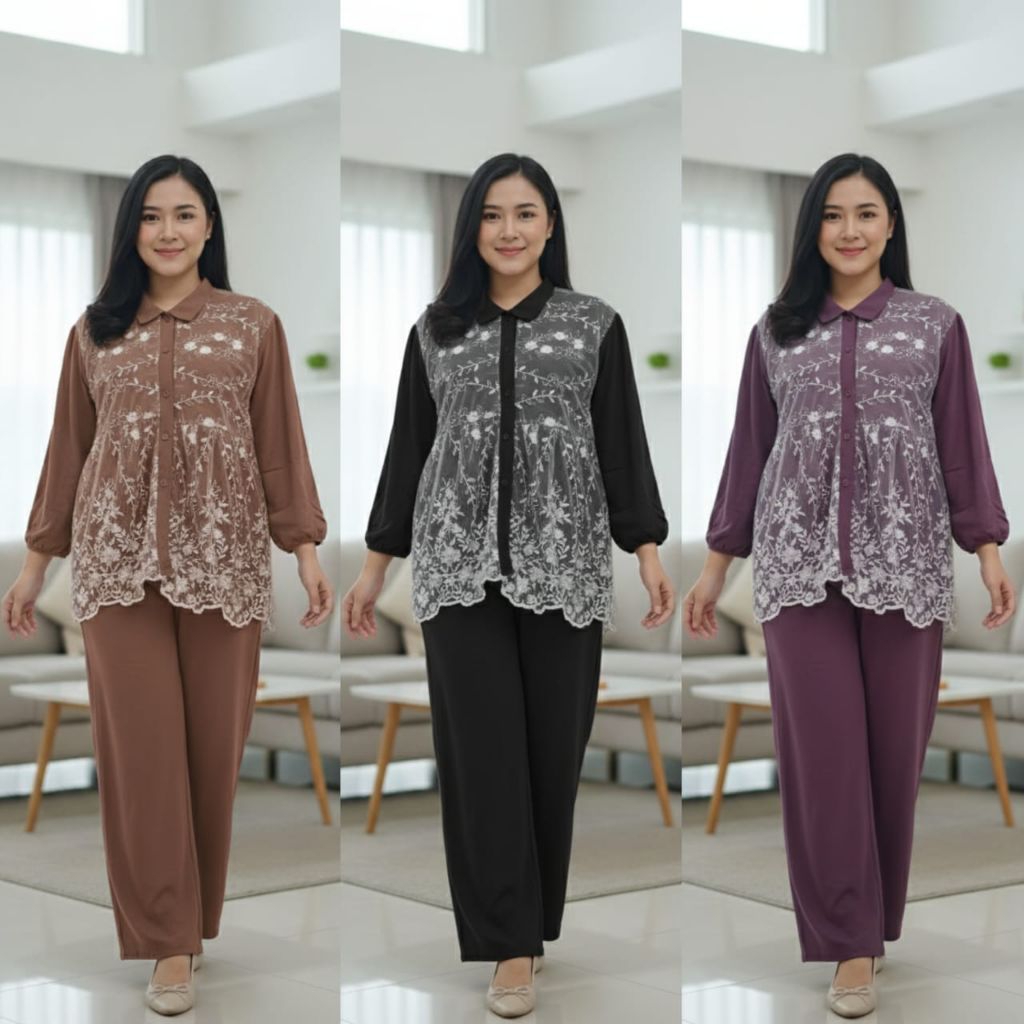 Safira set crinkle mix brukat Tile, setelan celana wanita dewasa busui bahan crinkle air flow premiu