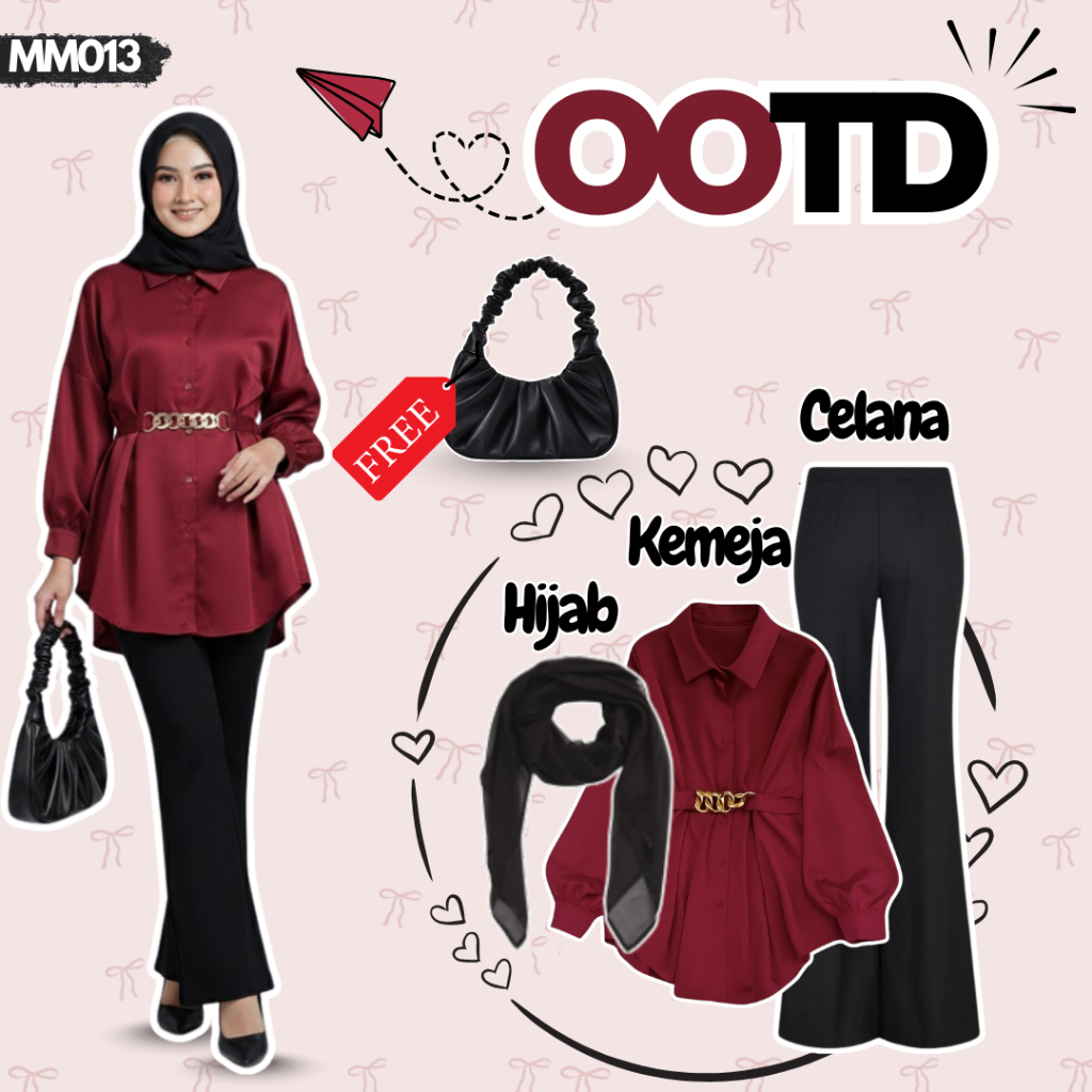 3in1 Set Wanita Kekinian | Kemeja Lengan Balon Maroon | Celana Cutbray Hitam | Hijab Hitam| MM013