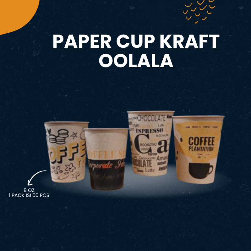 Paper Cup Kraft Ooolala 8oz Coffee - Isi 50 Pcs / Gelas Kertas Kopi Motif