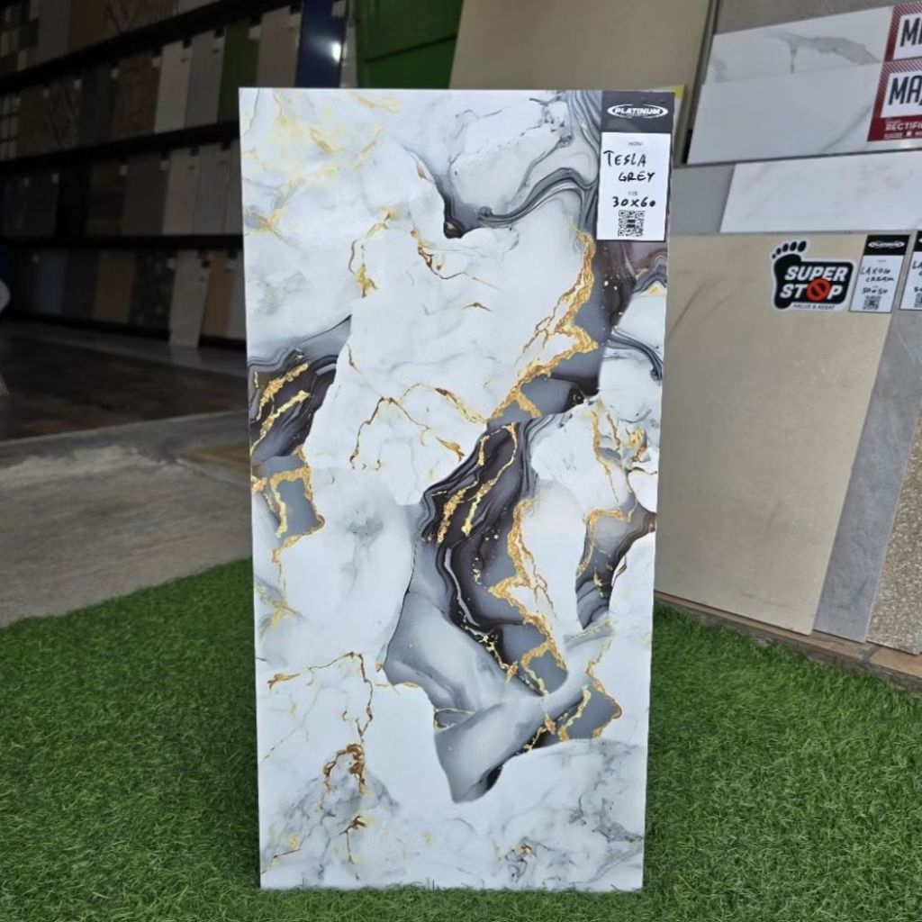 (Ongkir Diluar Aplikasi) Keramik Dinding Glossy CUTTING Motif Marmer 30x60 TESLA GREY