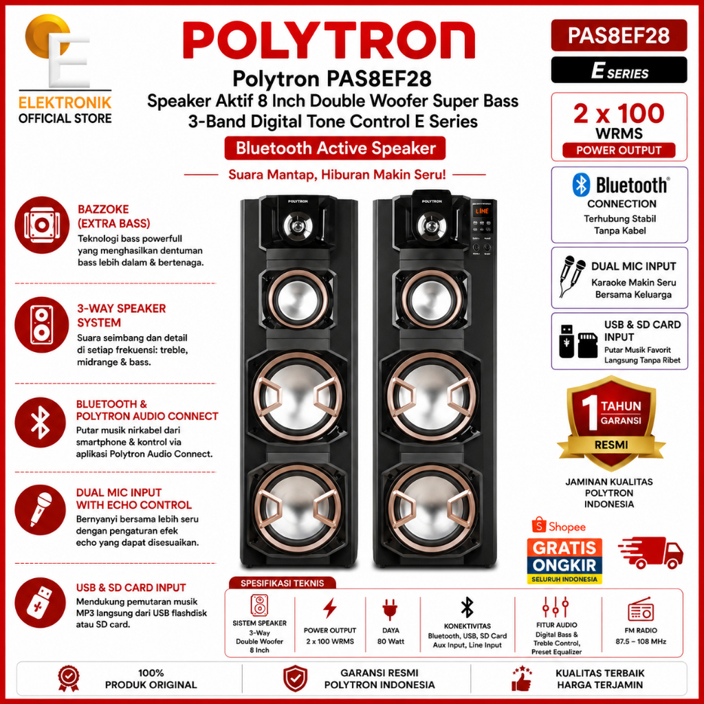 Polytron PAS8EF28 Speaker Aktif 8 Inch Double Woofer Super Bass 3-Band Digital Tone Control E Series
