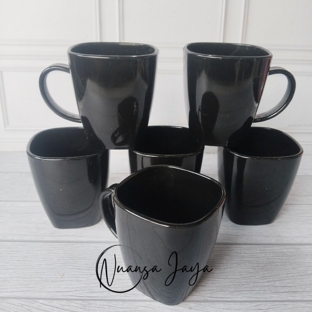 PROMO 6pcs Gelas Melamin Hitam Glossy 350ml |Mug kopi Aesthetic Cafe Style