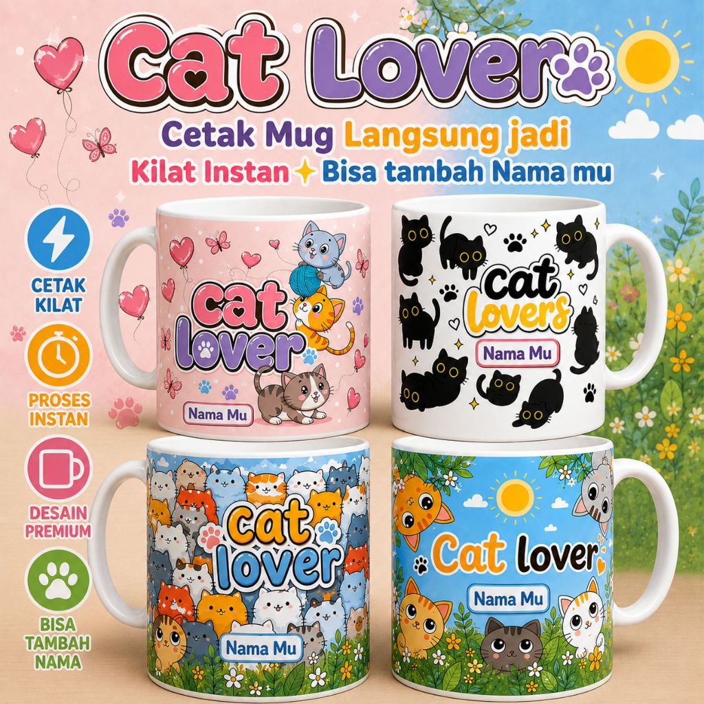 Gelas Mug CAT LOVERS Custom Nama Mu Kopi Teh Kucing Lucu Unik / Cangkir Kawai Cats Mug Coffee Tea Instan Kilat Langsung Kirim