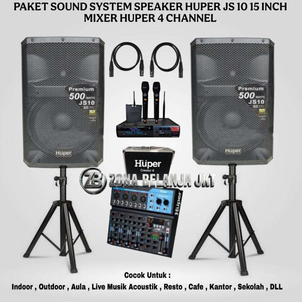 PAKET SOUND SYSTEM KARAOKE LIVE MUSIK SPEAKER HUPER JS10 15 INCH MIXER HUPER 4 CHANNEL USB BLUETOOTH