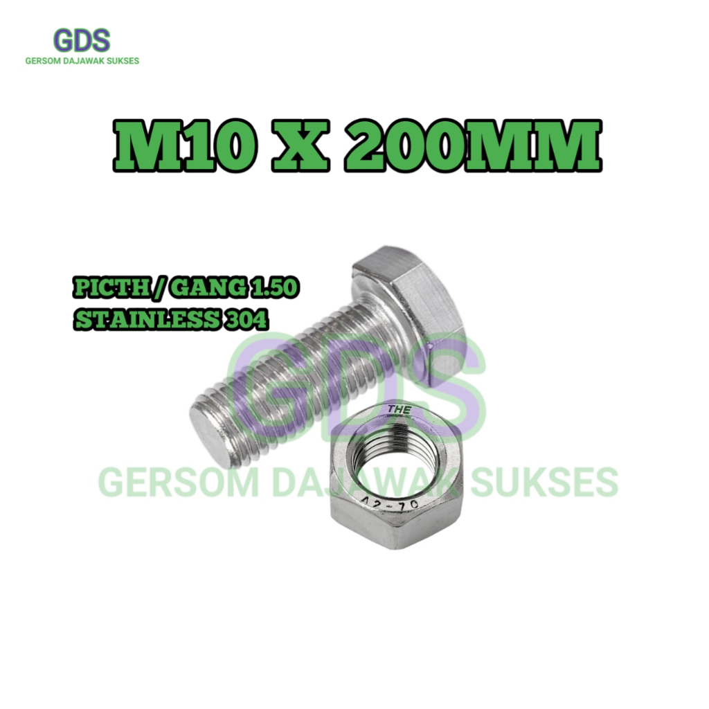 Baut Mur Stainless M10 x 200 mm / Bolt Nut Stainless Steel 304