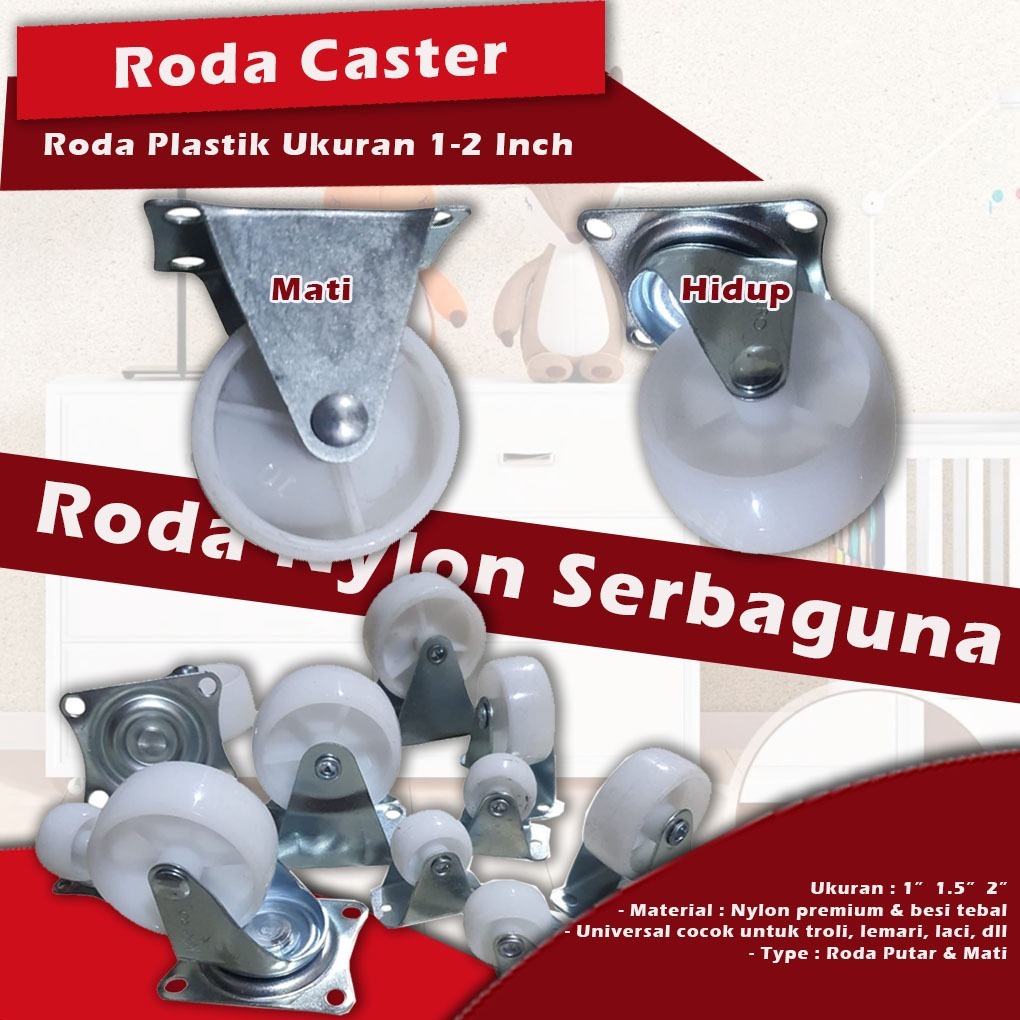 GBS  Roda Kastor Lemari 1-2 Inch  / Roda Kastor Troly Roda Caster PVC - Roda Caster Nylon Roda Lemar
