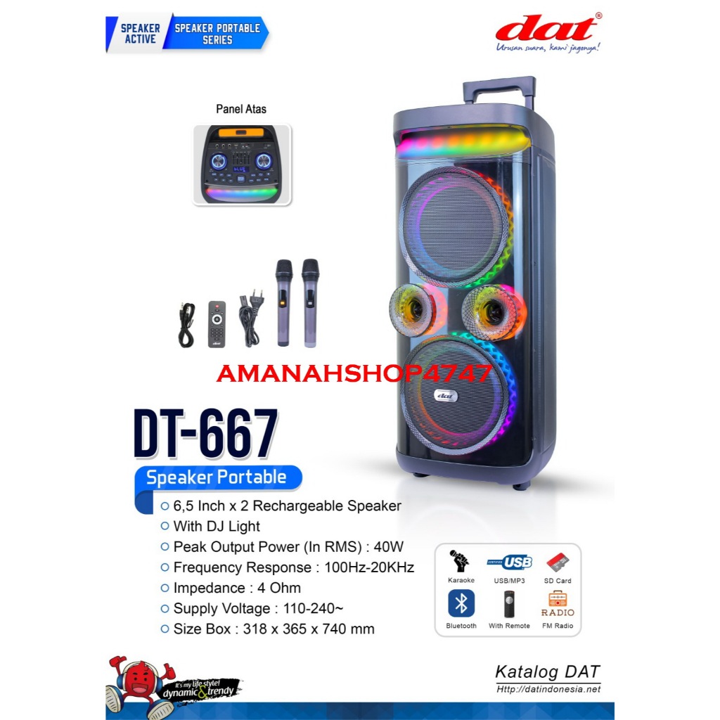 Speaker DAT DT-667 Speaker Bluetooth Portabel Dat Dt667 Speaker Aktif Full Bass Dilengkapi 2mic Wire