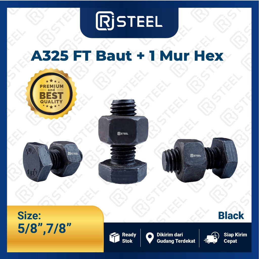 RJ Steel Baut Mur Baja Full Drat A325- Baut Baja Full Drat Grade ASTM A325 5/8”, 7/8”