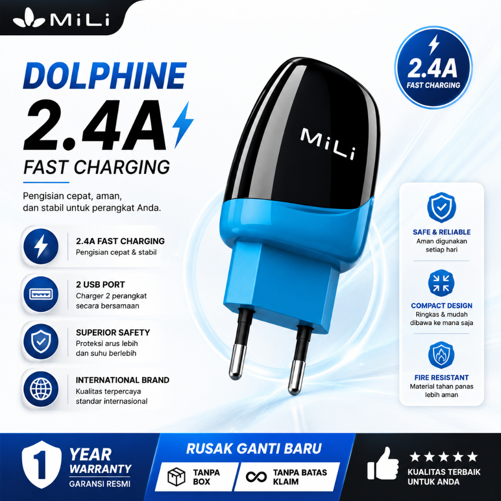 MiLi Dolphin Adaptor Charger 2.4A Dual Port USB Fast Charge