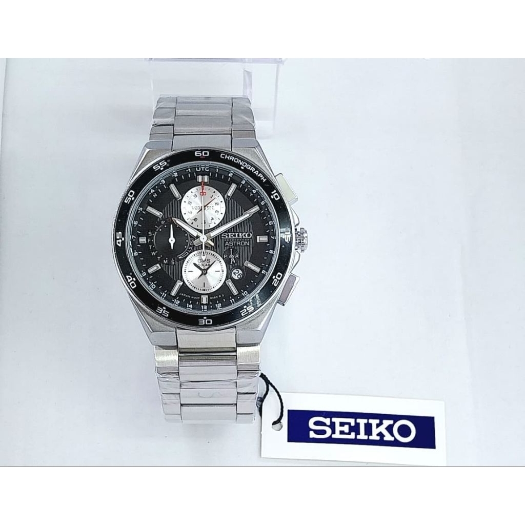 GROSIR TERMURAH...Jam Tangan Pria Sultan New SEIKO ASTRON CHRONOGRAPH Silver Hitam Rantai Stainless 