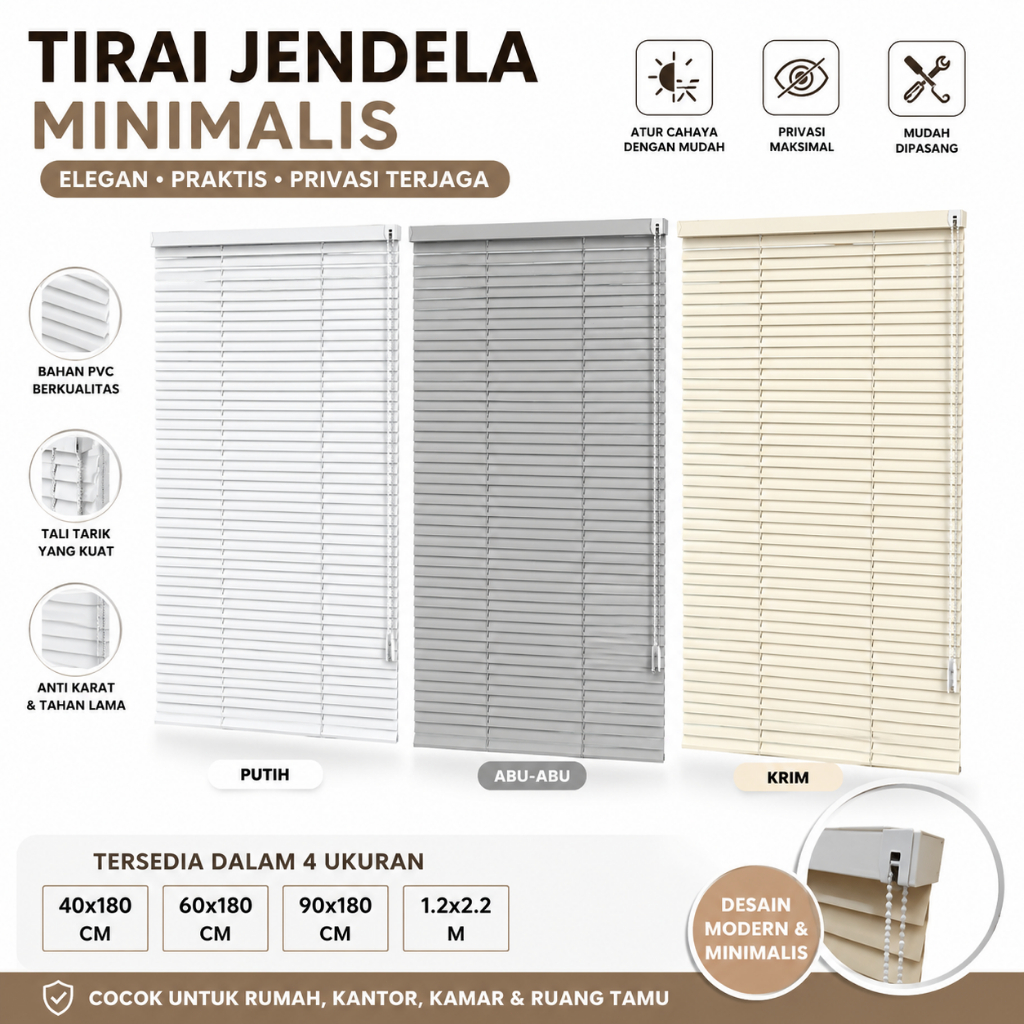 Tirai Venetian Blind PVC Minimalis untuk Jendela Rumah Anti Panas