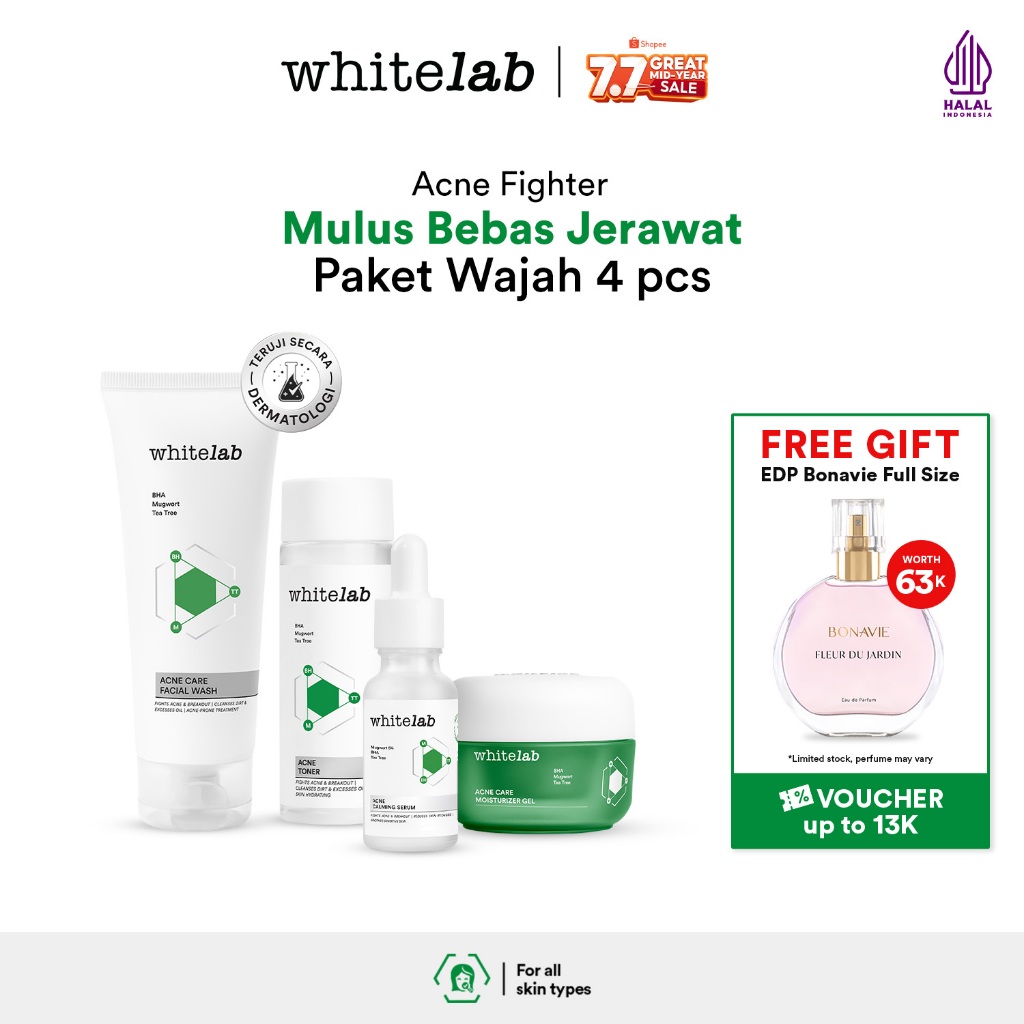 Whitelab 4 pcs Paket Acne - Facial Wash, Toner, Serum, Moisturizer Paket Skincare