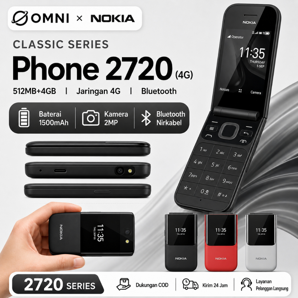 HP Nokia 2720 Flip 4G Dual SIM Layar 2.8" Kamera Bluetooth Fullset Garansi Toko 1 Bulan