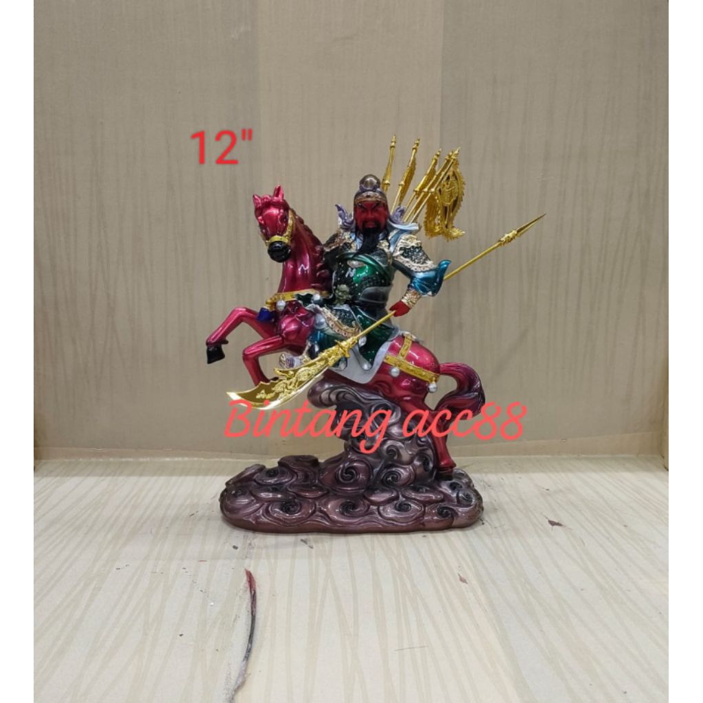 patung dewa kwan kung / kwan kong / guan yu - kuda merah - fiber - 12inch