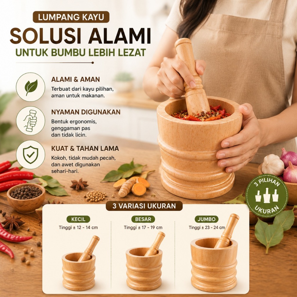 lumpang kayu + alu ( 1 set )  3 ukur model ukir + alu | alat tumbuh ayam geprek dan bumbu