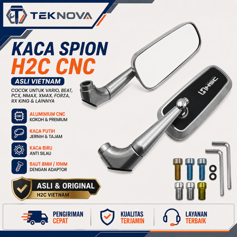 Spion Motor H2C China Original CNC Aluminium Kaca Putih Biru Anti Silau Baut 8mm 10mm untuk Vario Be