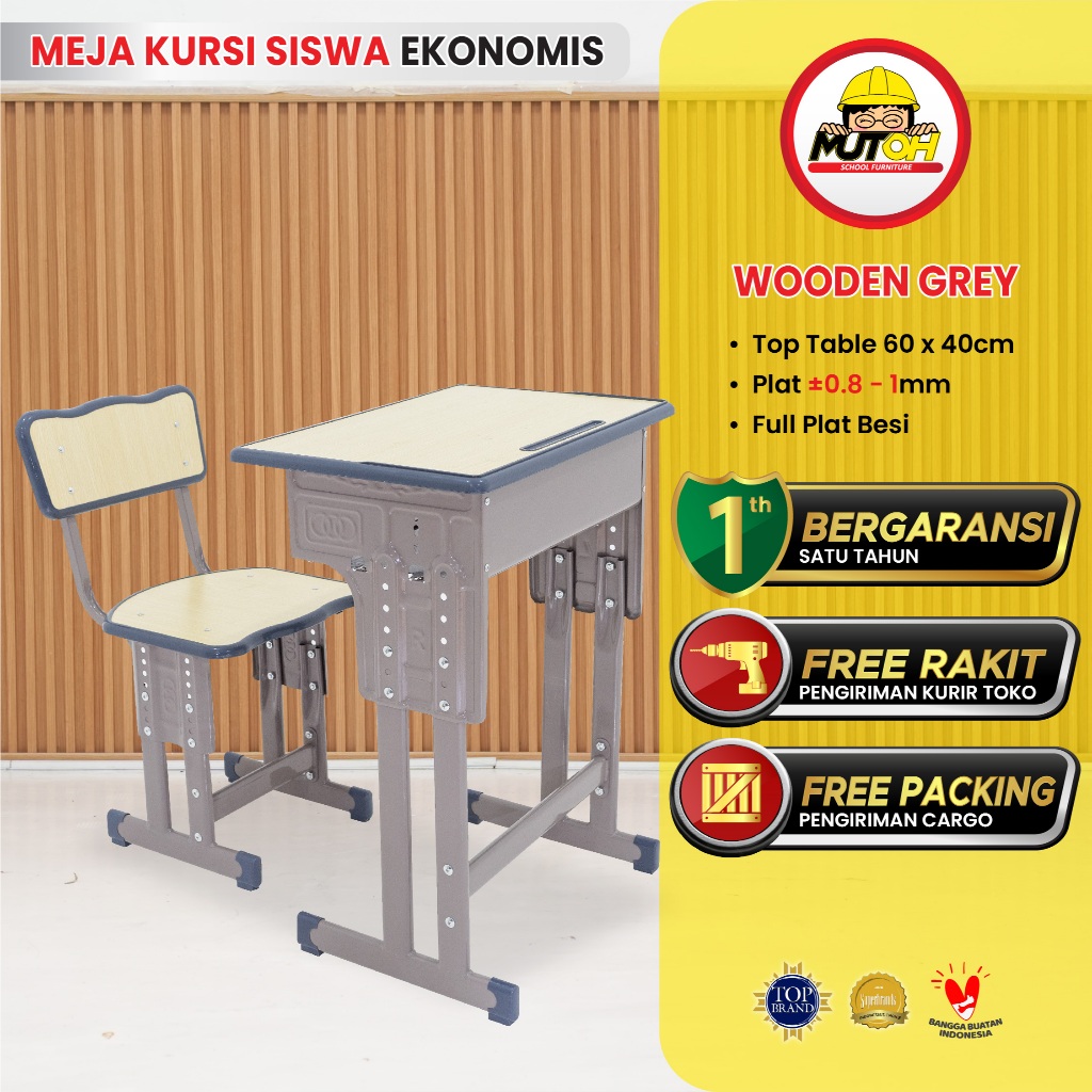 Meja belajar meja kursi sekolah meja siswa 1 set SERAT KAYU LIS ABU-ABU