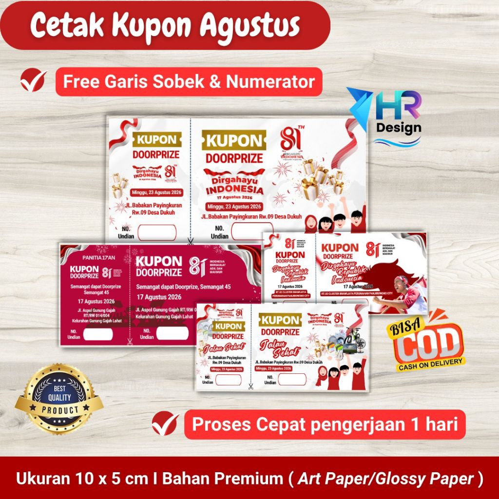 [ ISI 100 Pcs ] Cetak Kupon Doorprize Hadiah 17 Agustus Free Desain / Kupon Jalan Sehat / Kupon HUT 