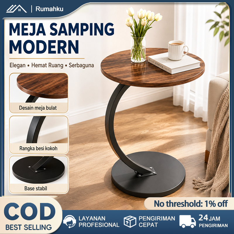 COD Meja Samping Bulat Minimalis Meja Kopi Kayu Rangka Besi Meja Sudut Sofa Modern untuk Ruang Tamu 