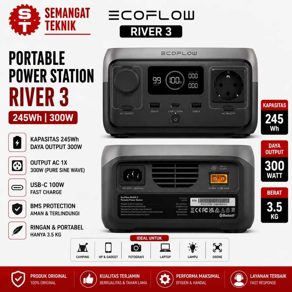 ECOFLOW RIVER 3 CHARGING PORTABLE POWER STATION TENAGA SURYA 300W 245Wh RIVER3 RIVER 3 ECOFLOW UPS