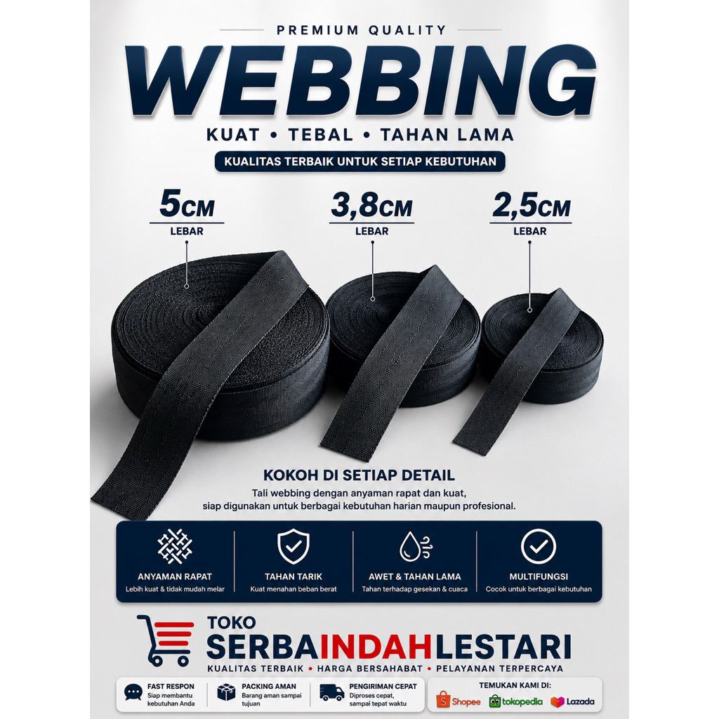 Tali Webbing 5 cm Motif Seatbelt Hitam Meteran