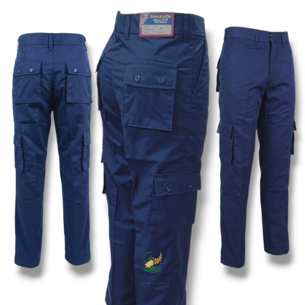 Celana PDL PMR Biru Dongker Kargo Bahan Famatex Panjang Pria Pinggang Tanpa Karet SMP SMA