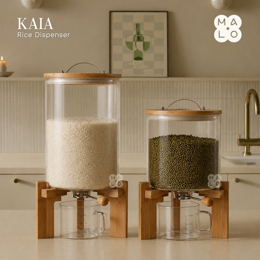 MALOHOME - KAIA Rice Dispencer Kaca 5L 7.5L Tempat Penyimpanan Toples Beras Biji Kacang Kacangan Dis