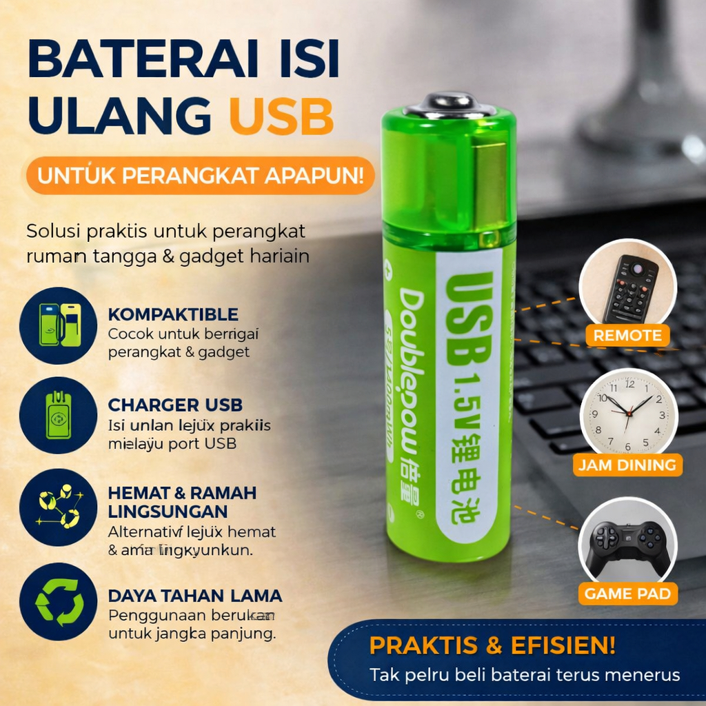 Doublepow Baterai Isi Ulang AA Li-Ion Button Top 1400mWh 1.5V 1 PCS - Green / Baterai Cas AA 1.5V