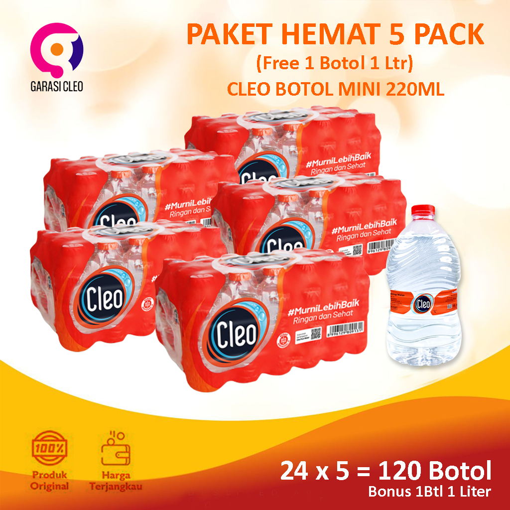 Cleo Mini 220ml 5 pack + Cleo 1L Praktis 1 Botol | Air Mineral Asli Murah Bundling Hemat