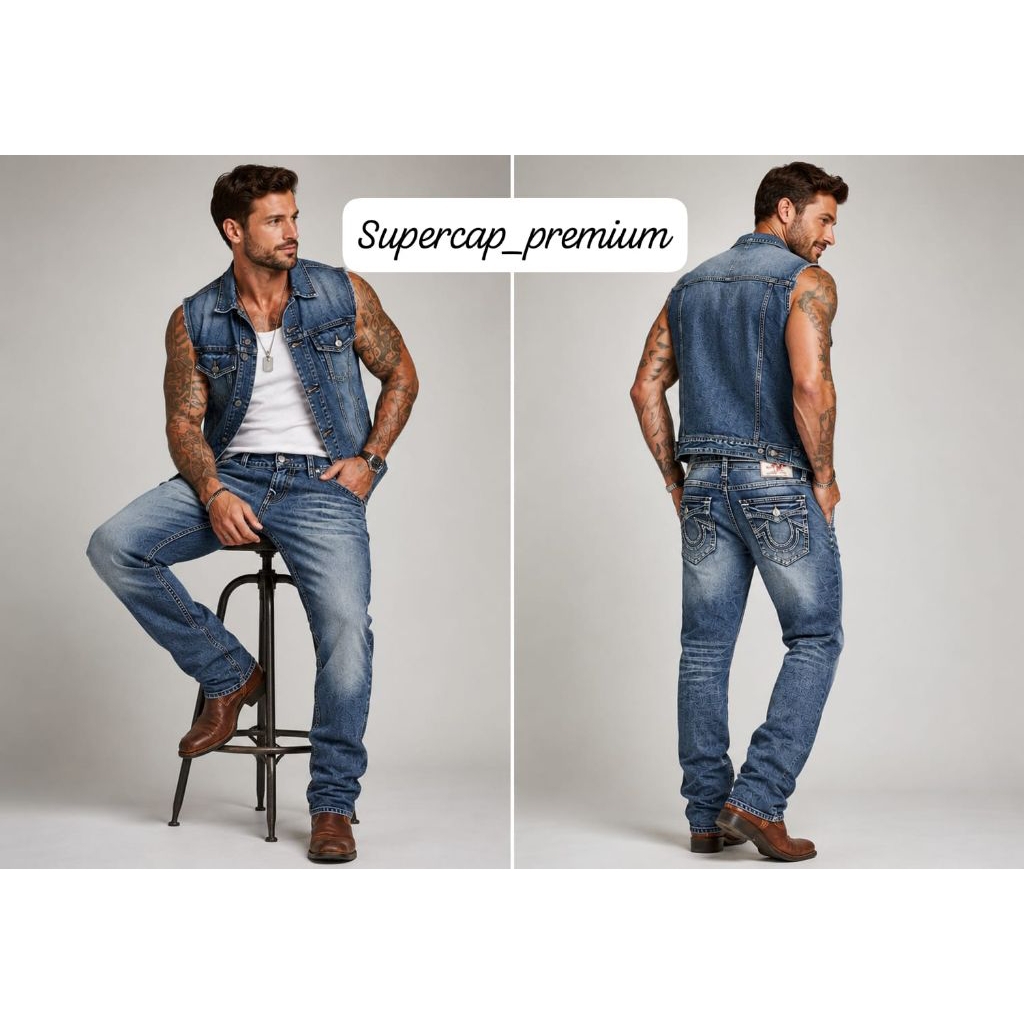 Celana panjang jeans pria keren TR02 TRUE RELIGION BLue WASHED mirror quality/jeans pria keren/jeans