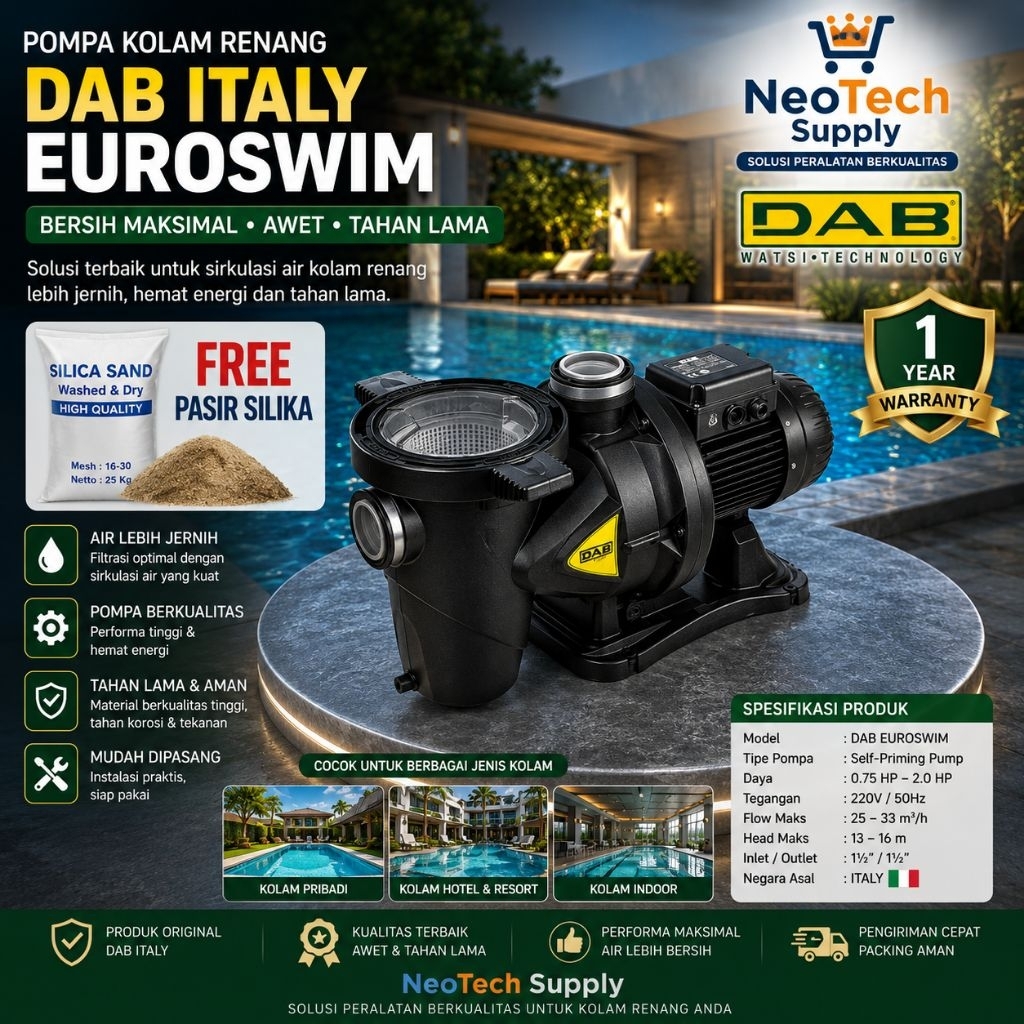 POMPA KOLAM RENANG DAB ITALY EUROSWIM 200 2HP 1PHASE ORIGINAL ITALY