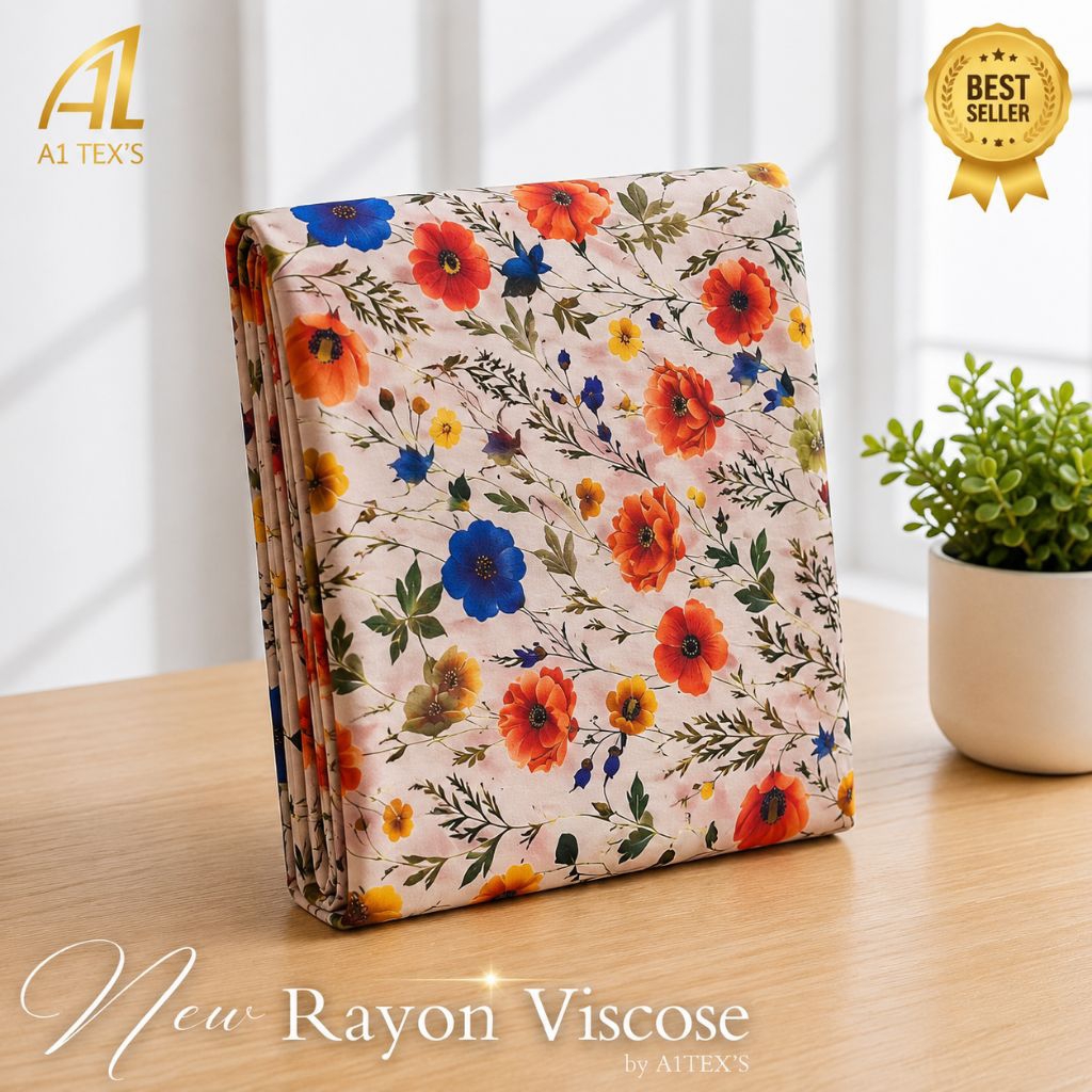 Kain Katun Rayon Viscose Premium - Kain Rayon Motif Floral Premium Corak Bunga Warna-Warni Lembut Ad