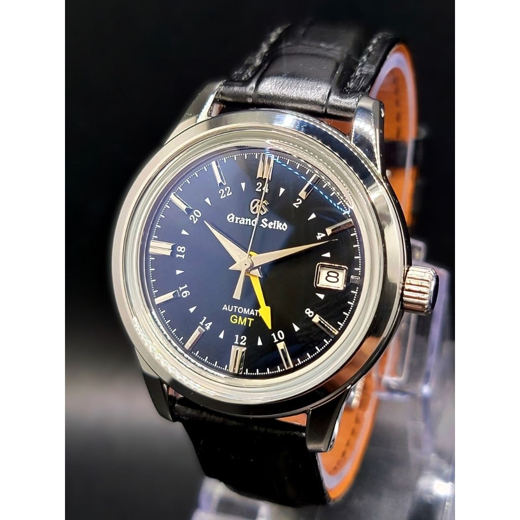 CUSTOM MOD (GRAND SEIKO ELEGANCE GMT) BLACK DIAL LEATHER BAND AUTO NH34GMT NEW