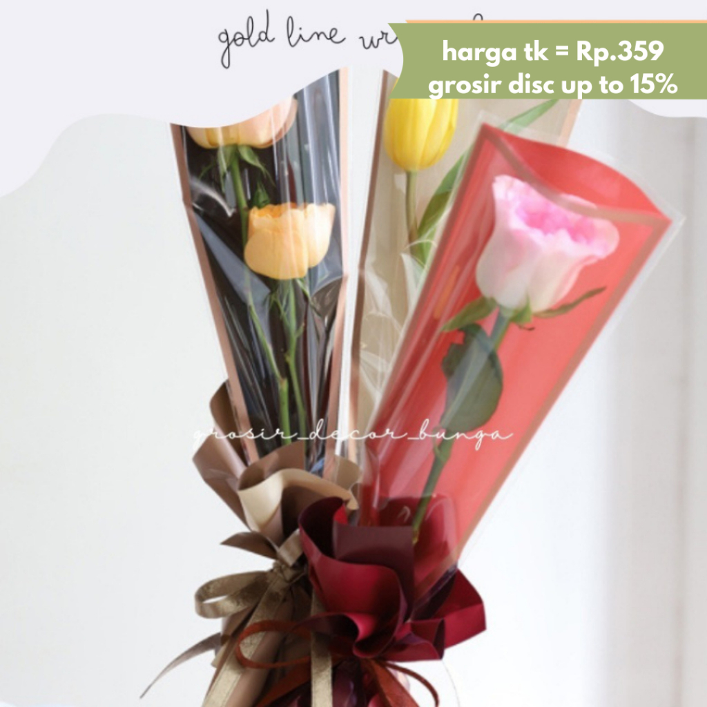 GOLD LINE SINGLE FLOWER BAG bouquet wrapping paper / kertas bunga satuan bunga buket mawar valentine