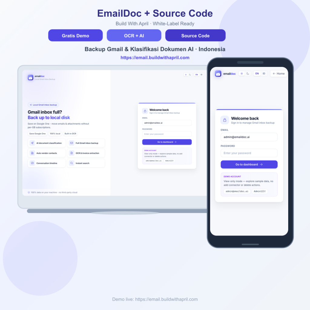 EmailDoc + Source Code, Backup Gmail & Klasifikasi Dokumen AI, Gratis Demo, OCR
