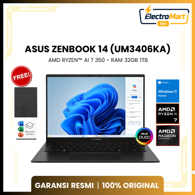 LAPTOP ASUS ZENBOOK 14 OLED UM3406KA - AMD RYZEN AI 7 350 RAM 32GB 1TB WINDOWS 11+OHS+M365B 14.0 INC