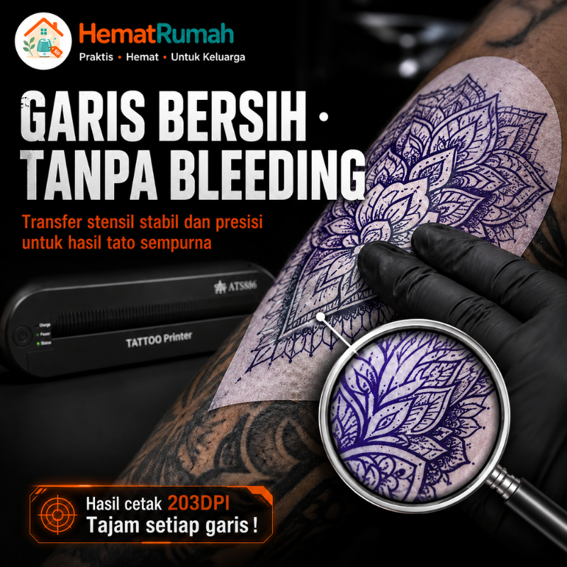 HematRumah ATS886 Printer Transfer Tato A4 Wireless Bluetooth Thermal Portable, Cetak Stensil Tajam 