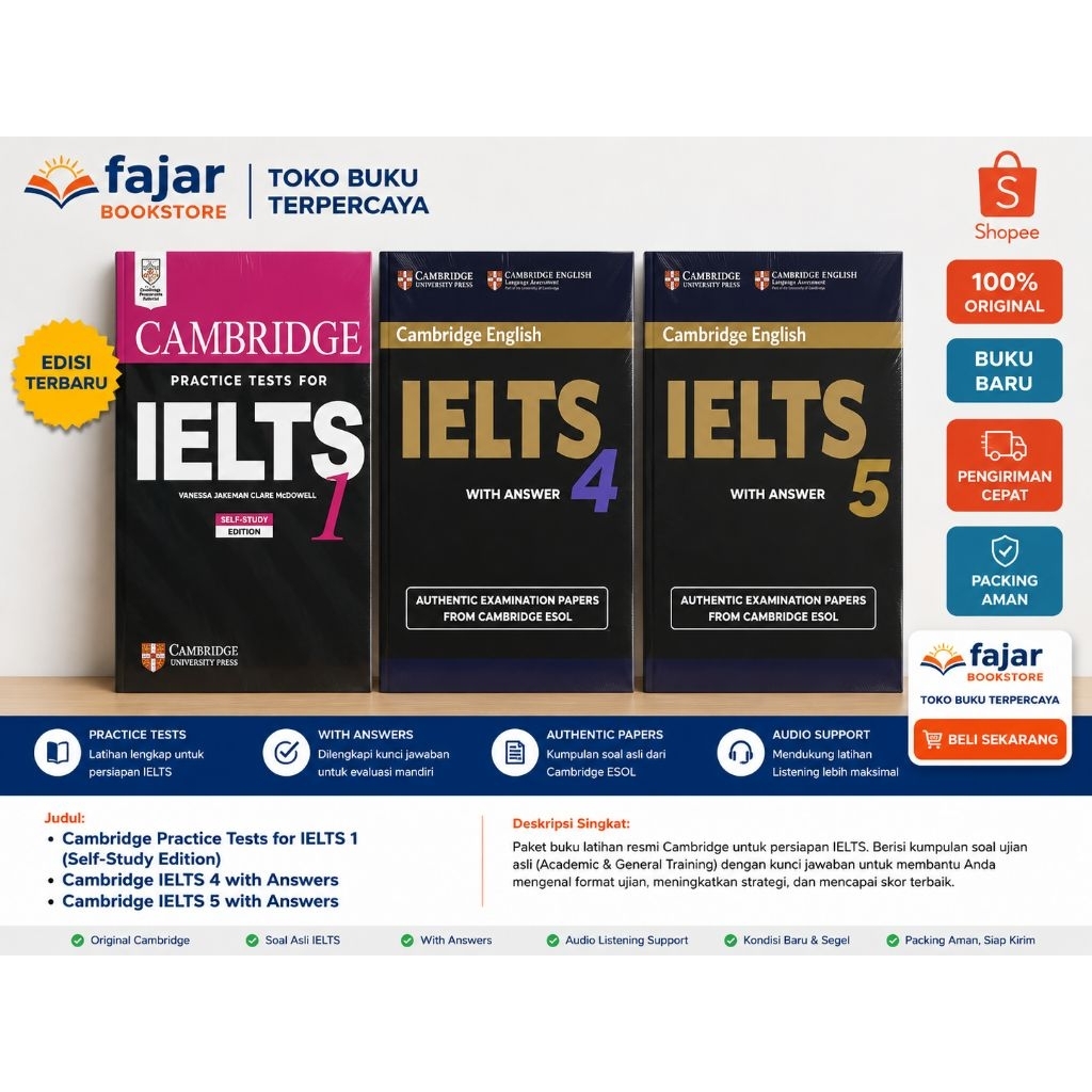 Cambridge IELTS Practice Tests 1, IELTS 4 & IELTS 5 with Answers | Buku Persiapan IELTS Original Cam