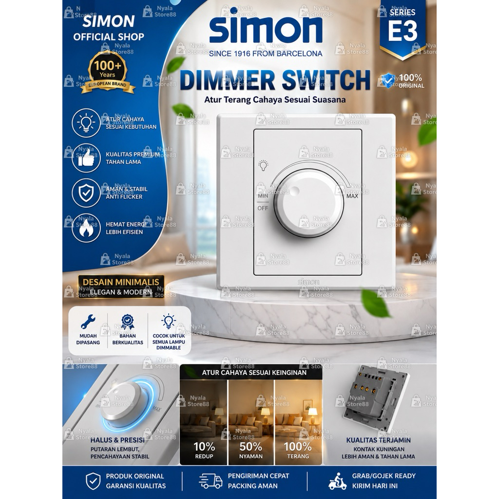 Simon E3 Dimmer Switch Saklar Dimmer Lampu 400W Warna Putih Original | Pengatur Terang Redup Lampu L
