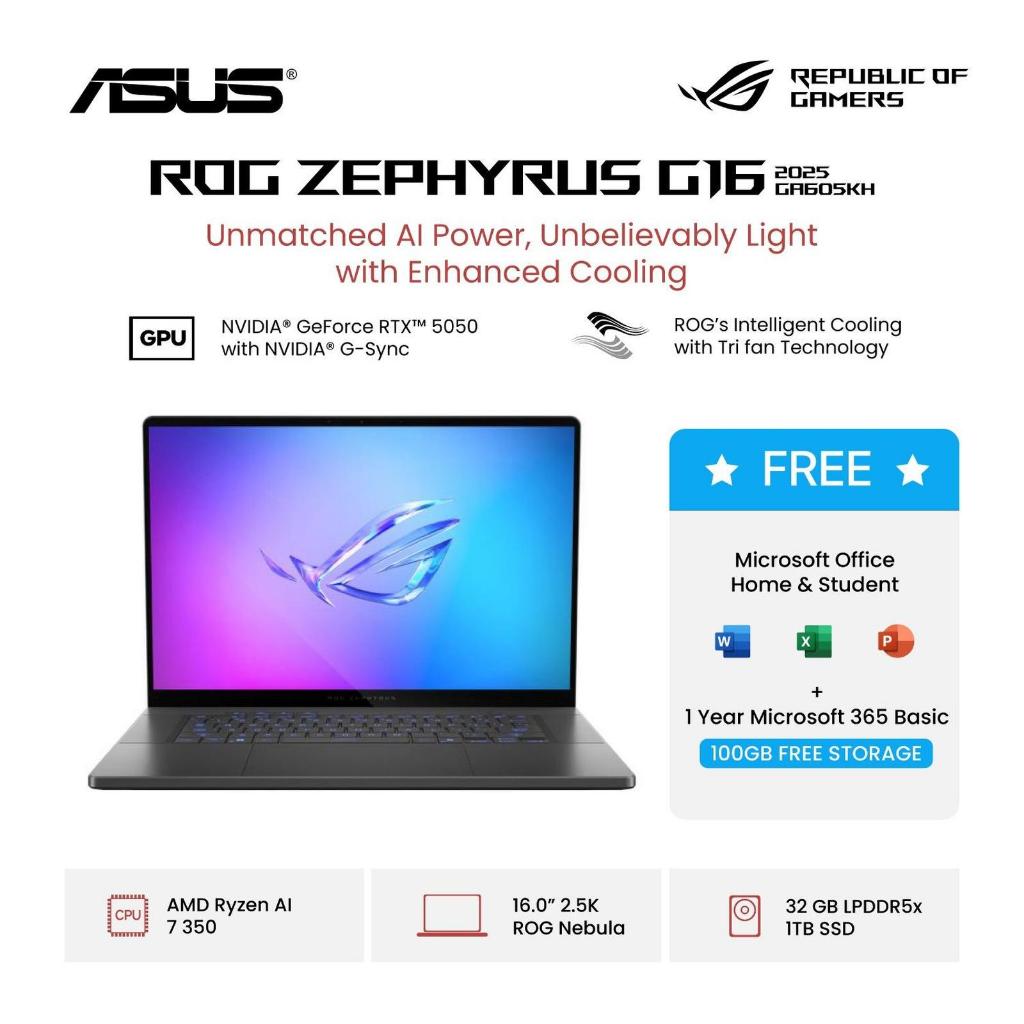 ASUS ROG ZEPHYRUS G16 OLED GA605KH RYZEN AI 7 350 32GB 1TB RTX5050 8GB 16.0 NEBULA OLED WQXGA 2.5K 2