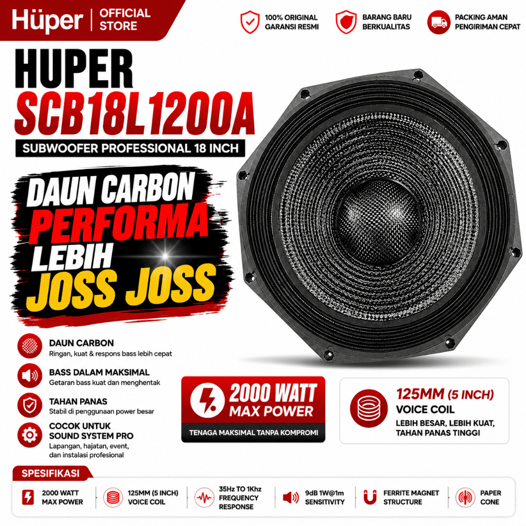 Speaker Komponen 18" HUPER SCB18L1200A / S1200 S Daun Carbon Original 1200 Watt AES