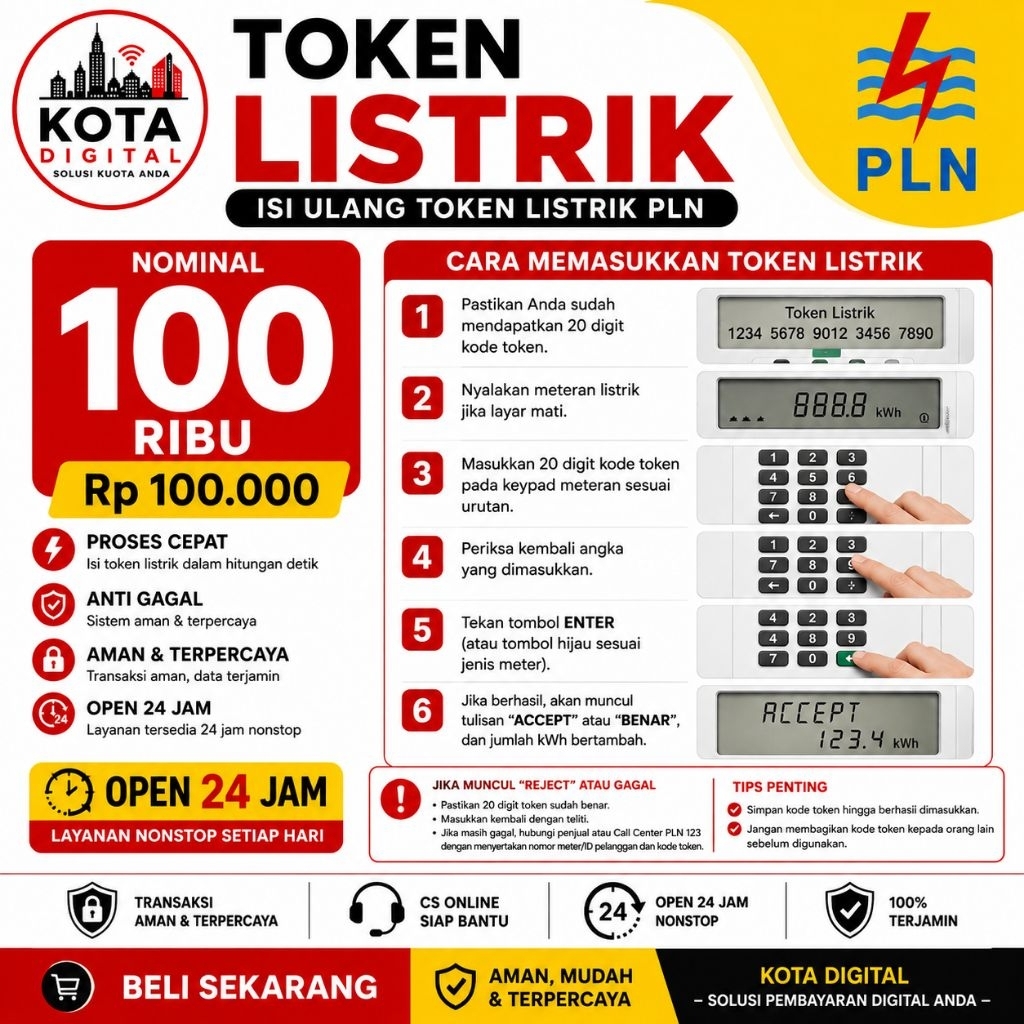 TOKEN LISTRIK PLN 100 RIBU – KOTA DIGITAL | OPEN 24 JAM