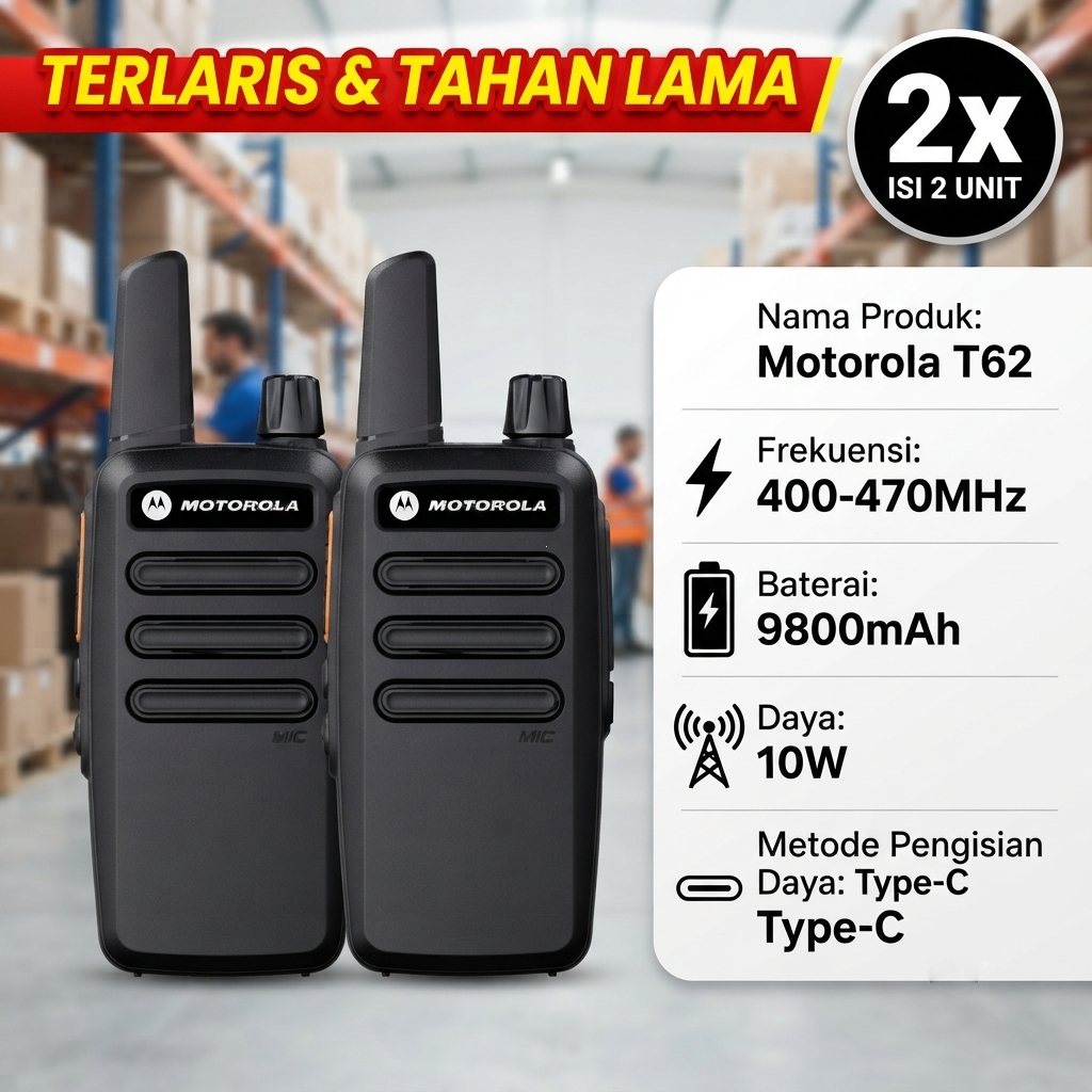 RESDEKAH - Lifetime Warranty HT Motorola T62 2 Unit 10W Daya Tinggi Jarak jauh 13KM Tahan Lama +