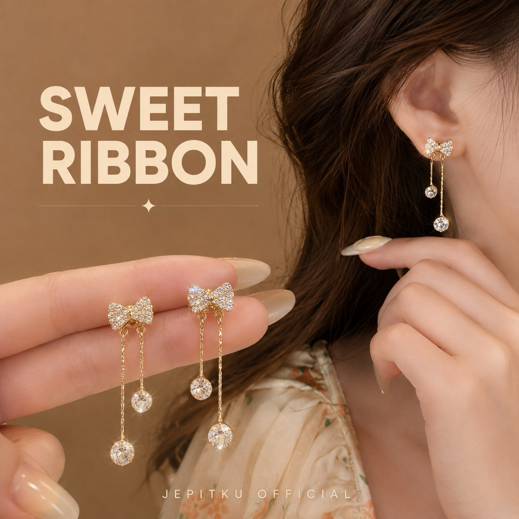 (JEPITKU) Anting Titanium Rumbai Panjang Busur Pita Sederhana