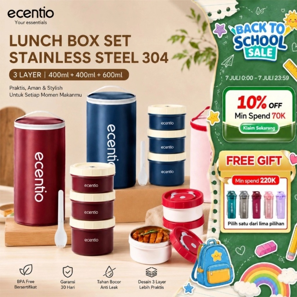 [Versi 2.0] ecentio Kotak Makan Stainless 304 3 Lapis Bulat Anti Bocor Anti Tumpah BPA Free Lunch Bo