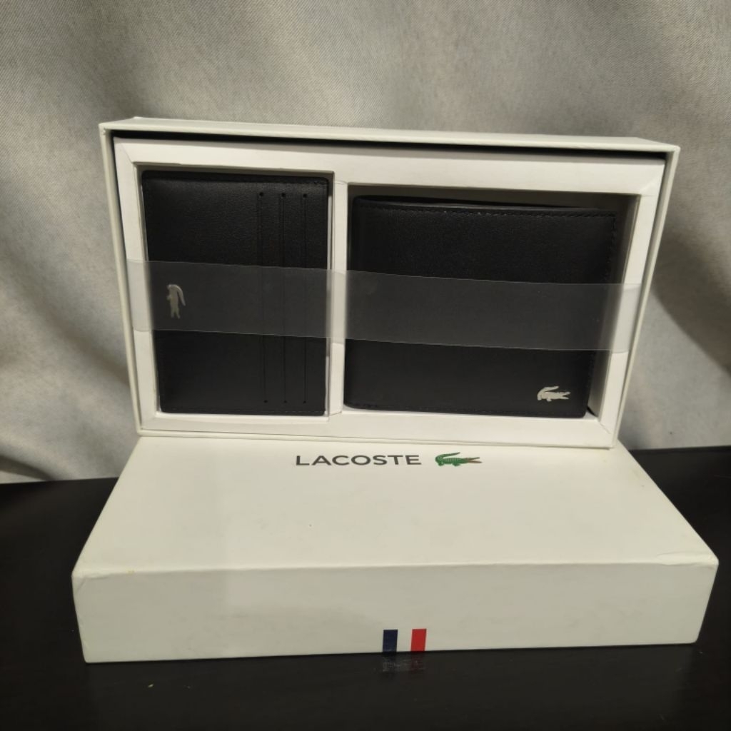 Lacoste Gift set Bifold Leather wallet + Card Holder Black / Dompet  100% Original