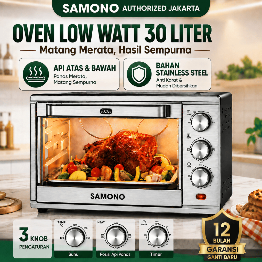 SAMONO Oven Listrik Low Watt 30 Liter Stainless Anti Karat Mudah Dibersihkan Pemanggang Serbaguna Ov