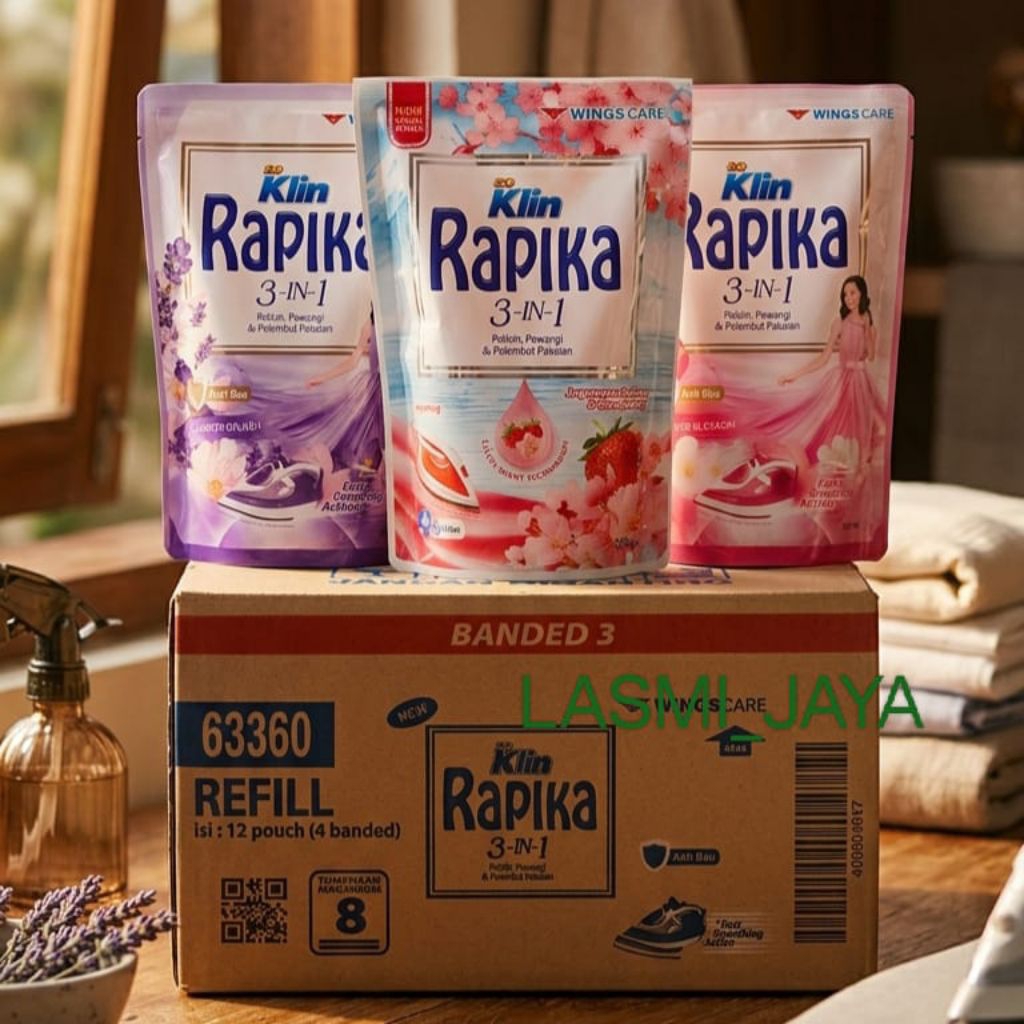 Soklin Rapika 3 in 1 300 ml Pelicin Pewangi dan Pelembut Pakaian 1 Dus Isi 12 Pcs Rapika murah promo